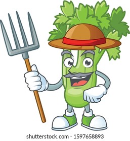 Happy Farmer celery plant cartoon mascot with hat and tools