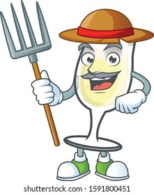 Happy Farmer champagne glass cartoon mascot with hat and tools