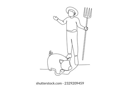 A happy farmer cleaning the pigsty. Farmer and cattle one-line drawing