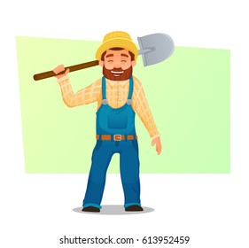 Happy Farmer with closed eyes, with shovel. isolated. vector illustration.