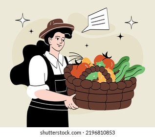 Happy farmer concept. Young girl with basket of vegetables. Harvest and agriculture. Natural and organic products. Vegetarian diet, healthy food and proper nutrition. Cartoon flat vector illustration