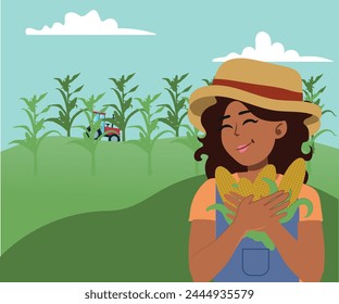 Happy farmer with corn harvest, big food production. Food producer on plantation harvest. vector illustration
