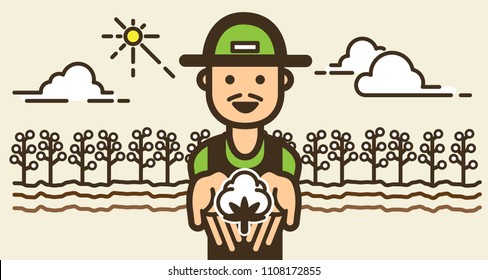 Happy Farmer with cotton farm field. Illustration vector