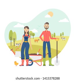 Happy farmer couple. Flat vector illustration