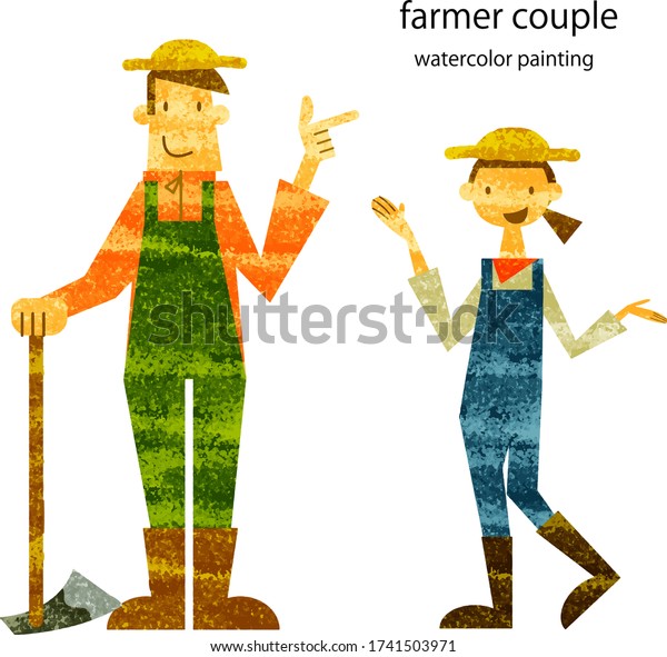 Happy Farmer Couple Watercolor Painting Stock Vector Royalty Free Happy Farmer Couple Watercolor Painting 600w 1741503971