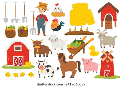 Happy farmer, cute farm animals, and farm equipment and crops vector set. Agriculture farm vector illustrations.