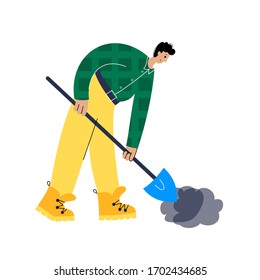 Happy farmer digs the soil with a shovel. Flat vector illustration on white background. Adult male cartoon action character. Gardening concept for poster, banner