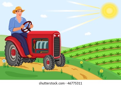 Happy farmer driving his tractor. Vector file, saved as EPS AI8, all elements layered and grouped for easy editing.