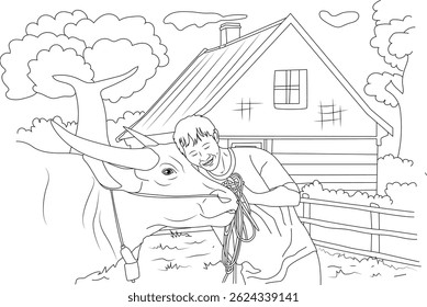 Happy Farmer Embracing His Cow on the Farm, Line art illustration depicting a cheerful farmer lovingly hugging his cow in a field. The scene is set on a farm with a house, fence, and trees in the