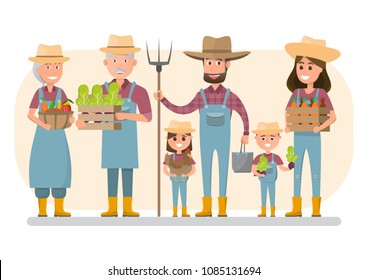 Happy Farmer Family Cartoon Character In Organic Rural Farm. Vector Illustration