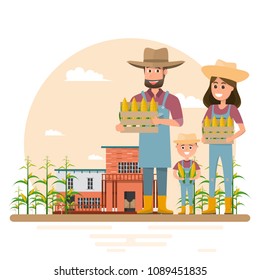 Happy Farmer Family Cartoon Character In Organic Rural Farm. Vector Illustration