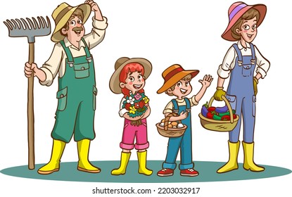 happy farmer family cartoon character vector illustration