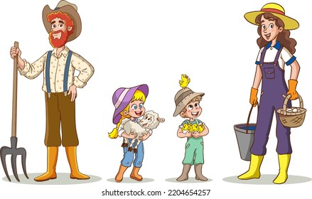 happy farmer family cartoon character vector illustration