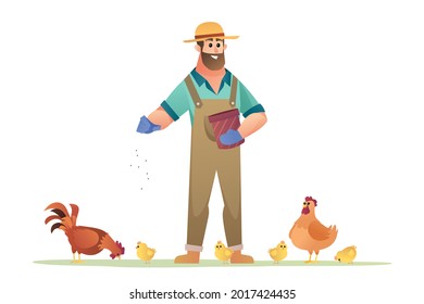 Happy farmer feeding chickens illustration