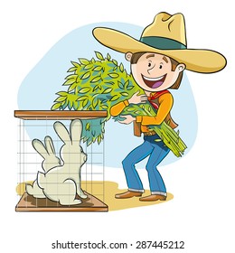 Happy farmer feeds his rabbits fresh hay
