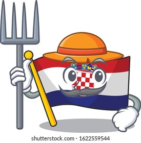 Happy Farmer flag croatia Scroll cartoon character with hat and tools