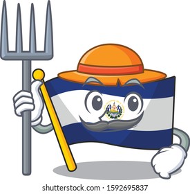 Happy Farmer Flag El Salvador Scroll Cartoon Character With Hat And Tools