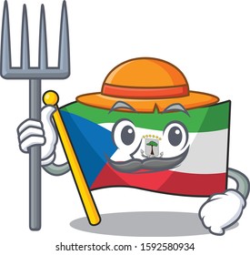 Happy Farmer flag equatorial guinea Scroll cartoon character with hat and tools