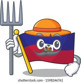 Happy Farmer flag haiti Scroll cartoon character with hat and tools