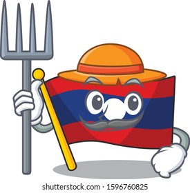 Happy Farmer flag laos Scroll cartoon character with hat and tools