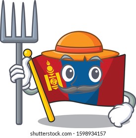 Happy Farmer flag mongolia Scroll cartoon character with hat and tools