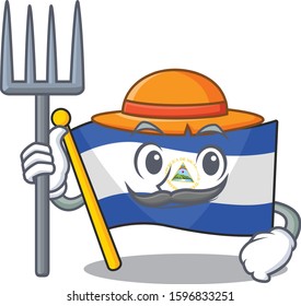 Happy Farmer flag nicaragua Scroll cartoon character with hat and tools