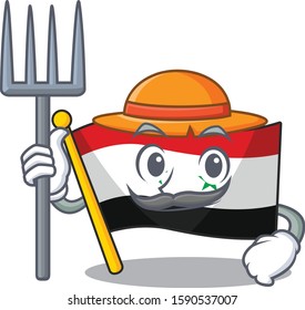 Happy Farmer flag syria Scroll cartoon character with hat and tools