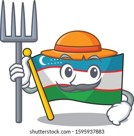 Happy Farmer flag uzbekistan Scroll cartoon character with hat and tools