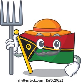 Happy Farmer flag vanuatu Scroll cartoon character with hat and tools