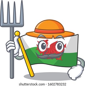 Happy Farmer flag wales Scroll cartoon character with hat and tools