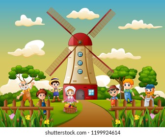 Happy farmer in front of windmill building background