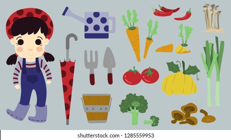 happy farmer girl with red polkadot hat-garden tools and vegetable