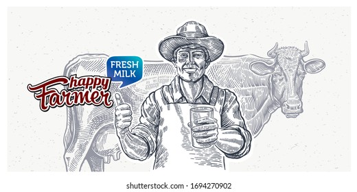 Happy farmer with a glass of milk in his hand and a cow standing behind him in the background.
