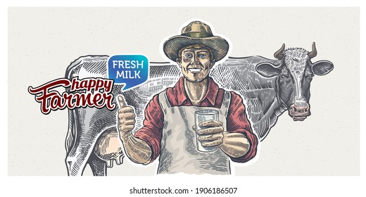 Happy farmer with a glass of milk in his hand and a cow standing behind him in the background.