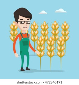 A happy farmer in glasses standing on the background of wheat field. Smiling man working in wheat field. Vector flat design illustration. Square layout.