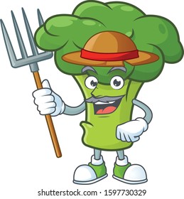 Happy Farmer green broccoli cartoon mascot with hat and tools