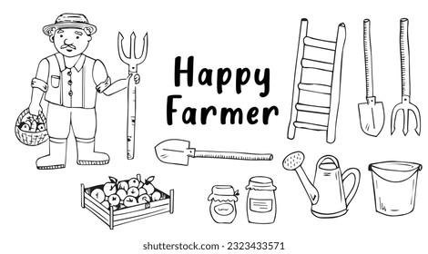 Happy farmer. Hand drawn outline cartoon illustration. Farmer with garden tools sketch. 