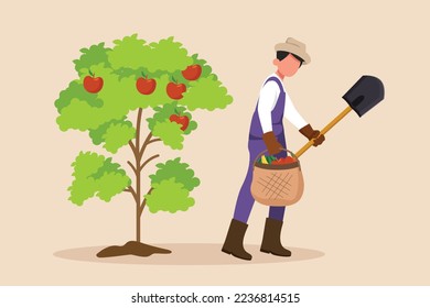 Happy farmer harvesting apple fruits in the garden. Harvesting apple fruits. Agriculture concept. Colored flat graphic vector illustration. 