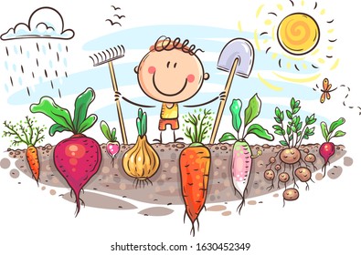 Happy farmer has grown a lot of vegetables, funny cartoon illustration