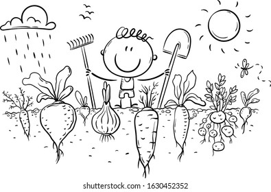 Happy farmer has grown a lot of vegetables, outline illustration
