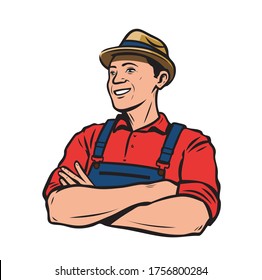 Happy farmer in hat. Agriculture, farming retro vector illustration