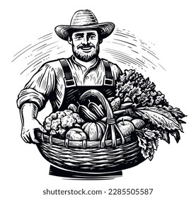 Happy farmer with hat with freshly picked vegetables in basket. Fresh organic farm food. Sketch vector illustration