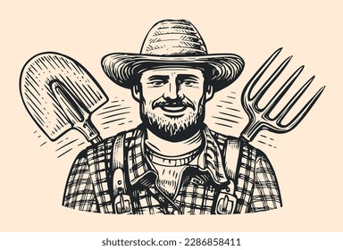 Happy farmer in hat with pitchfork and shovel in sketch style. Farm worker, vintage vector illustration