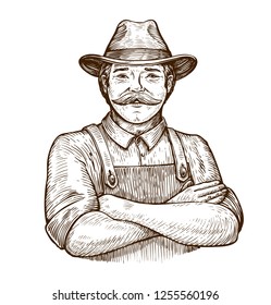 Happy farmer in the hat. Vintage sketch vector illustration