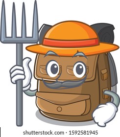 Happy Farmer hiking backpack Scroll cartoon character with hat and tools