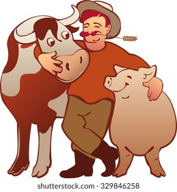 happy farmer with his animals  isolated, cartoon