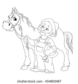 A happy farmer and his horse. Cartoon characters. Vector isolated for coloring book.