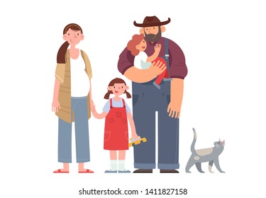Happy farmer with his wife, children and cat.