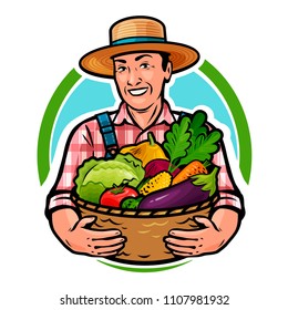 Happy farmer holding a basket full of fresh vegetables. Farm, agriculture, horticulture concept. Cartoon vector illustration