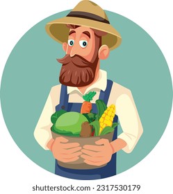 
Happy Farmer Holding a Basket of Vegetables Vector Cartoon Illustration. Cheerful man having fun harvesting his own fresh grown crop
